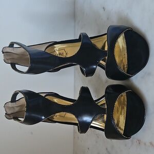 TED BAKER: Glam Black Leather Gold Studded Cage Heels